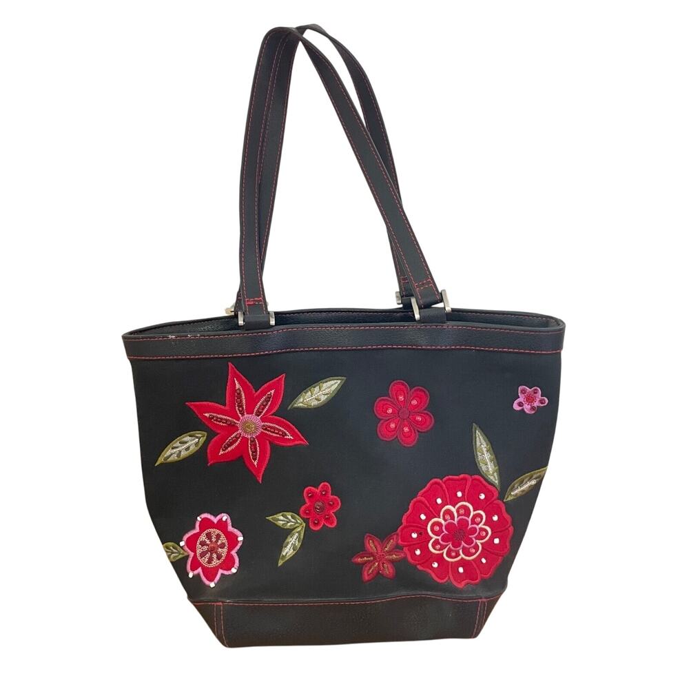 Vintage Liz Claiborne Floral Tote Bag Navy Red Embroidered Linen Cotton Boho Y2K